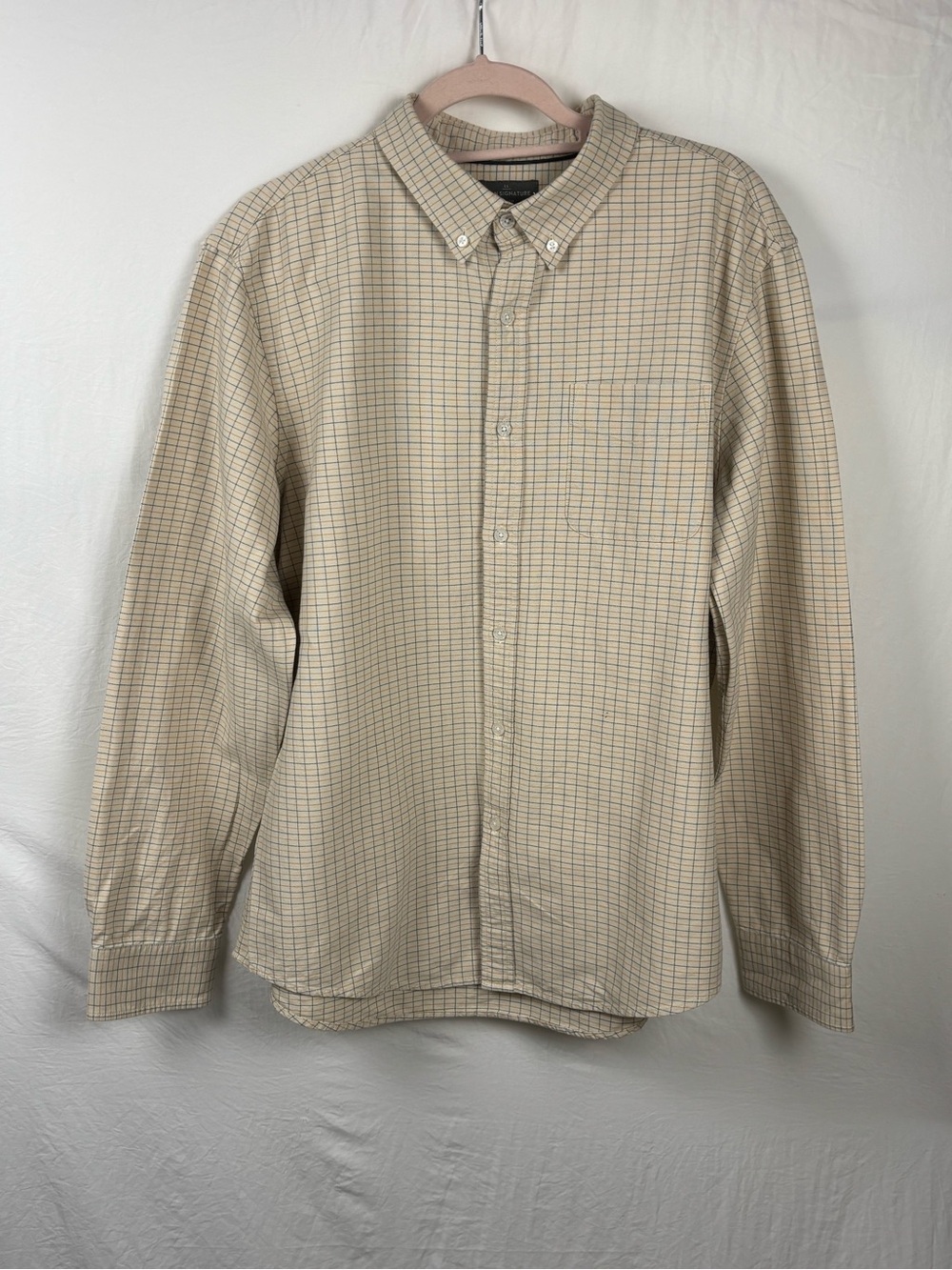 LL Bean Signature Mens Large slim fit Beige Plaid Long-Sleeve Button-Down Shirt